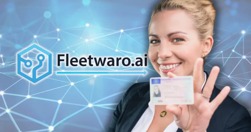 A woman smiling is showing her driver license for a check