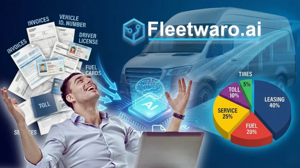A man in the office is happy, in the background different documents as driver licenses or invoices that are processed in the background through AI and as result a diagram on the right side