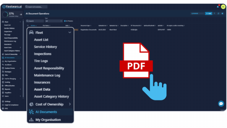Fleetwaro software interface showing AI-powered drag-and-drop PDF document recognition and data extraction.