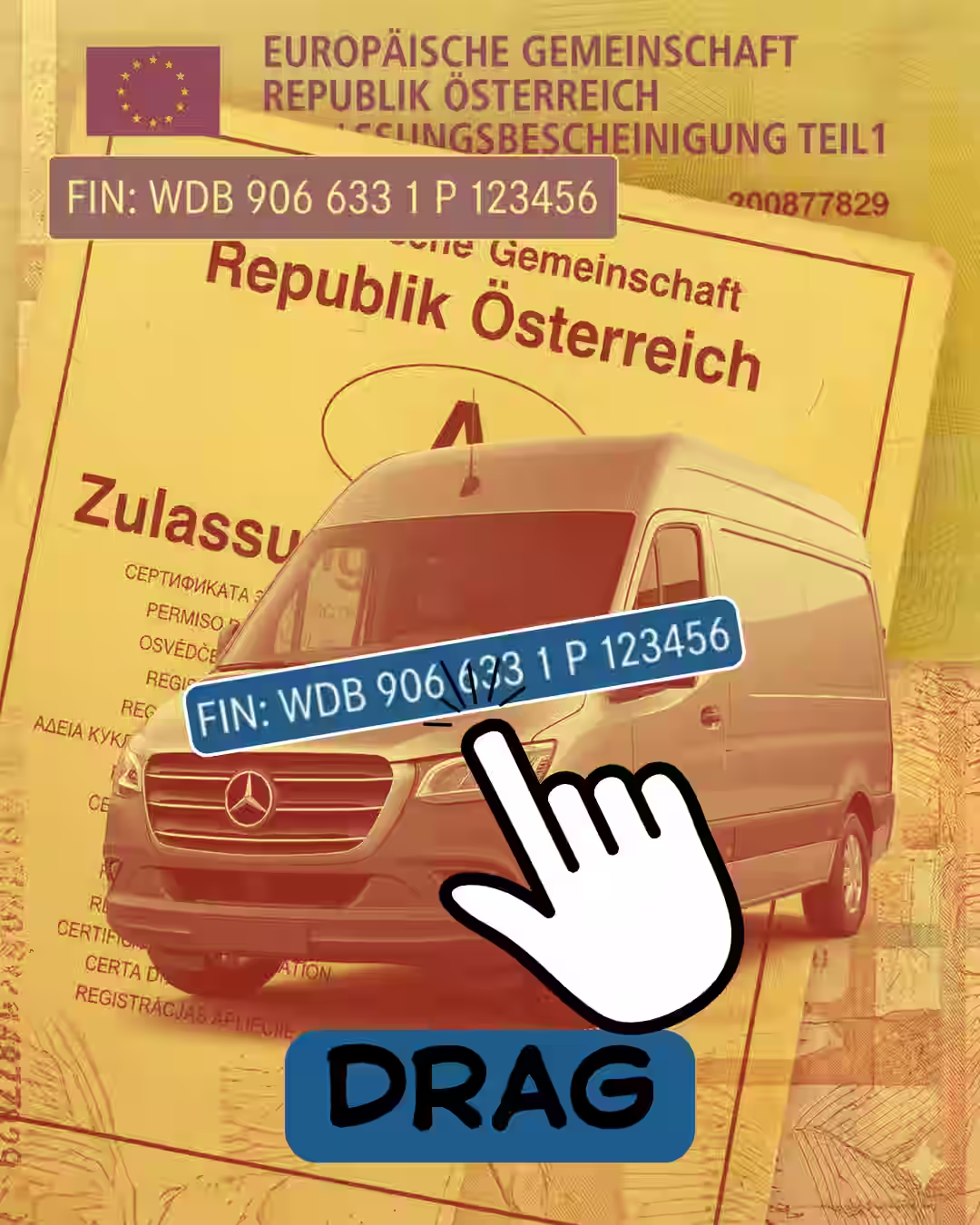 Silver Mercedes-Benz Sprinter van in front of an Austrian vehicle registration certificate displaying a sample FIN number.