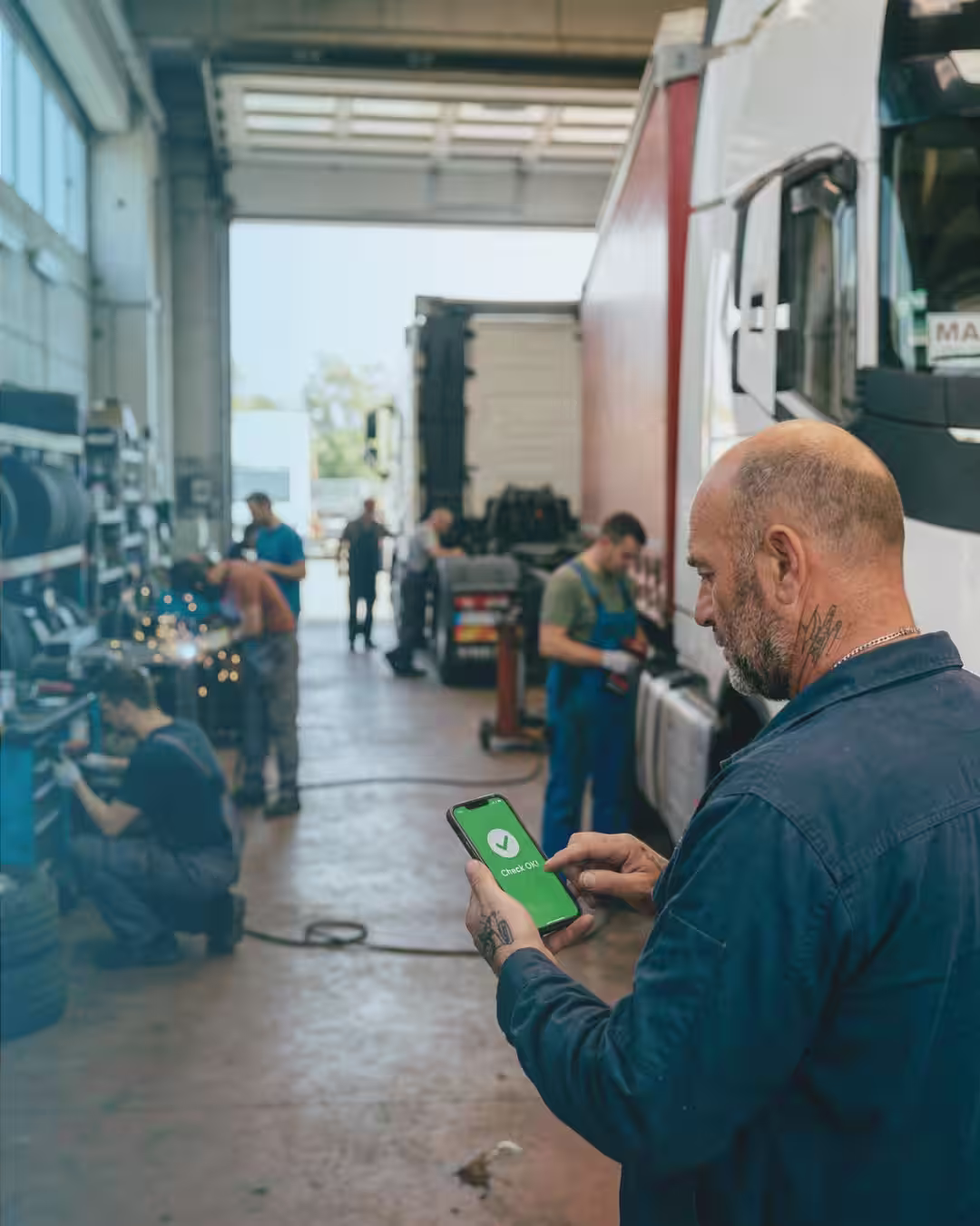 Werkstatt-Mitarbeiter nutzt Smartphone für digitalen Service-Check mit Fleetwaro App.