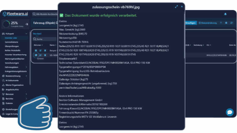Fleetwaro AI dashboard showing a successful PDF document import and verification confirmation.