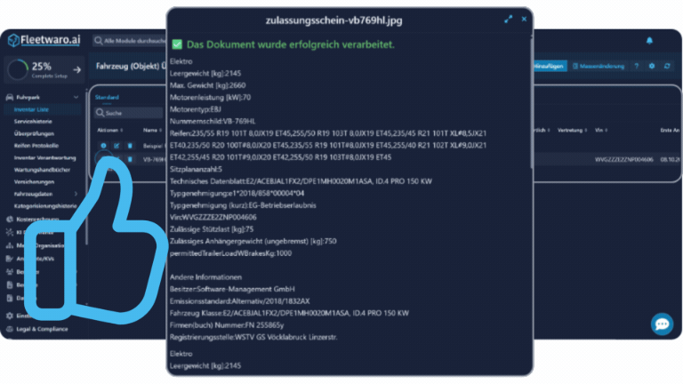 Fleetwaro AI dashboard showing a successful PDF document import and verification confirmation.
