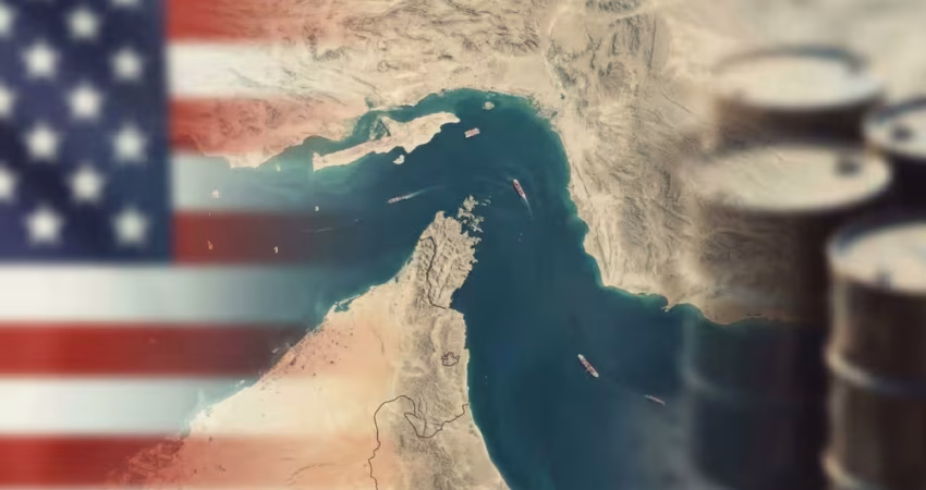 A composite photograph illustrating a top-down, satellite map perspective of the Strait of Hormuz, flanked by symbolic, blurred elements: the American flag on the left and a stack of oil barrels on the right, all captured in a warm, grainy, vintage, analog film aesthetic.