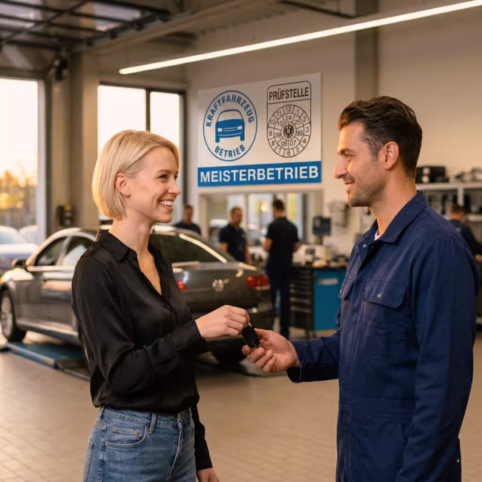 Young woman handing car keys to a professional mechanic for a vehicle inspection in a modern Austrian workshop with Volkswagen Passat in the background.
