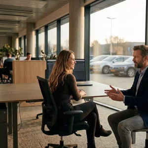 A professional man in a blazer talking to a smiling brunette woman at a desk in a modern office with large windows, featuring Volkswagen Passat cars in the background and a digital software interface on a monitor.