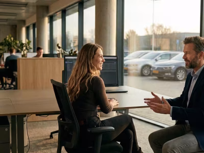 A professional man in a blazer talking to a smiling brunette woman at a desk in a modern office with large windows, featuring Volkswagen Passat cars in the background and a digital software interface on a monitor.