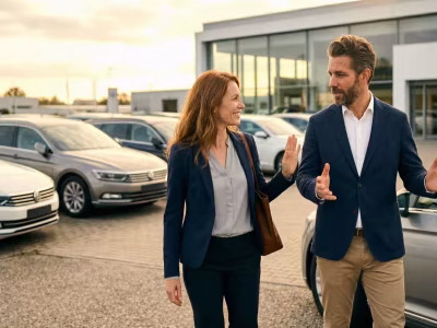 Man and woman talk outside while the sun is going down. Surrounded by fleet cars, discuss about the digital handover via fleetwaro.ai