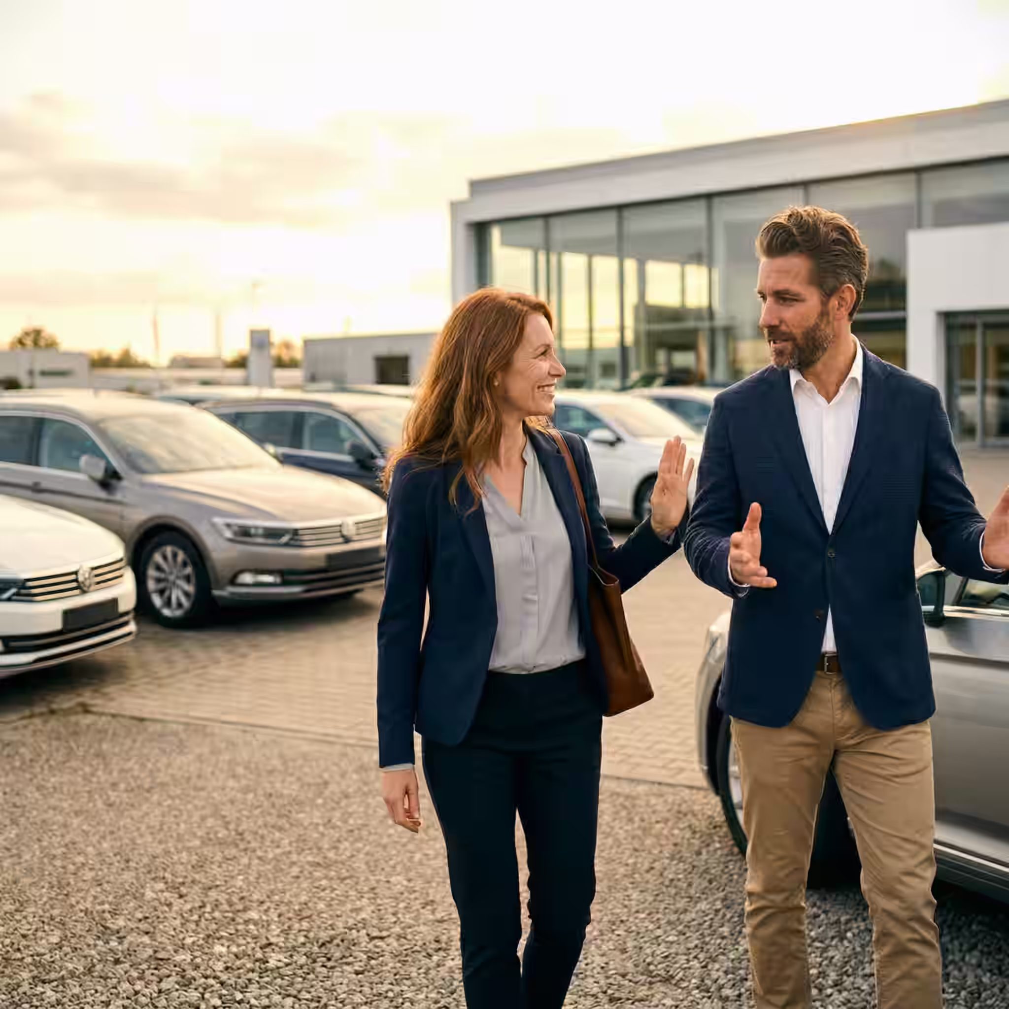 Man and woman talk outside while the sun is going down. Surrounded by fleet cars, discuss about the digital handover via fleetwaro.ai