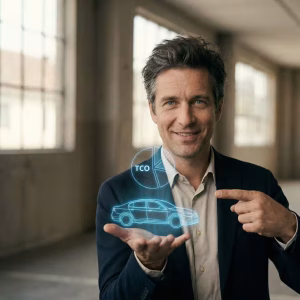 A man in a navy blazer presenting a futuristic blue holographic display. The hologram features a wireframe of a car and a pie chart labeled "TCO," illustrating the use of Fleetwaro.ai and AI for automated invoice processing and fleet cost management.