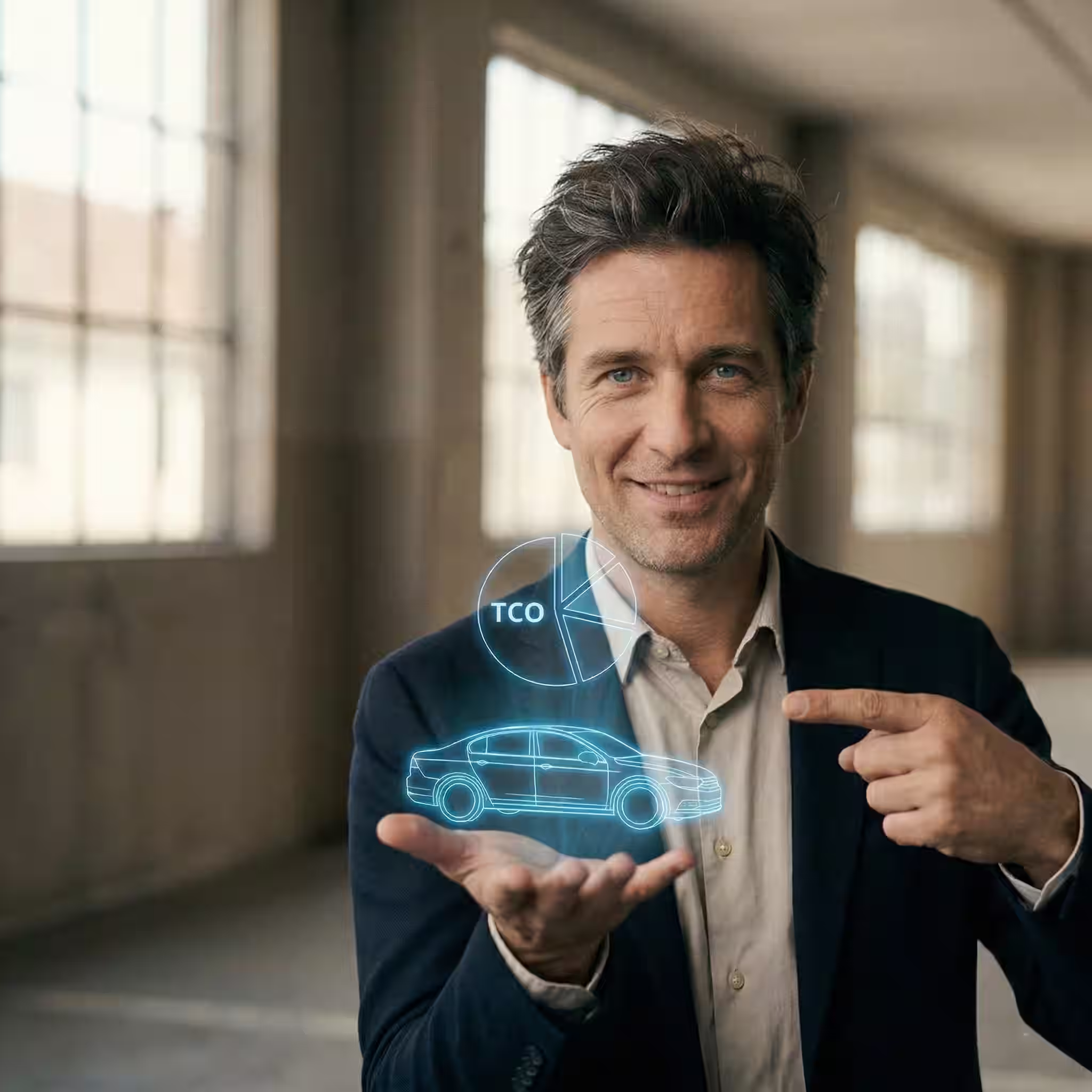 A man in a navy blazer presenting a futuristic blue holographic display. The hologram features a wireframe of a car and a pie chart labeled "TCO," illustrating the use of Fleetwaro.ai and AI for automated invoice processing and fleet cost management.