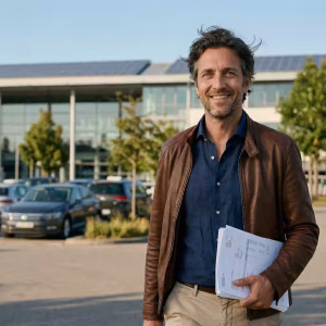 A smiling fleet manager, holding a stack of invoices, in front of a modern office building with solar panels.