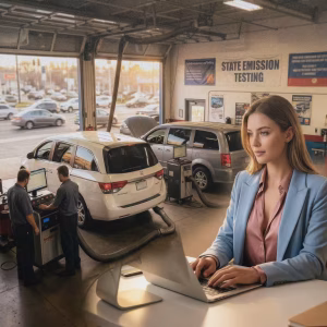 Split scene showing a professional woman in a blazer working on a laptop at a desk, contrasted with mechanics performing emissions testing on a white Honda minivan in a garage during a sunset.