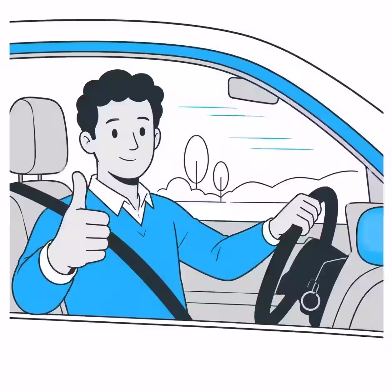 Mann sitzt im Auto und ist zufrieden weil er fleetwaro verwendet